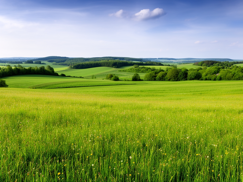 Paysage naturel panoramique avec une prairie verdoyante s'étendant vers des collines boisées sous un ciel nuageux dramatique avec des rayons de lumière dorée perçant les nuages, symbolisant l'horizon du savoir et de la compréhension