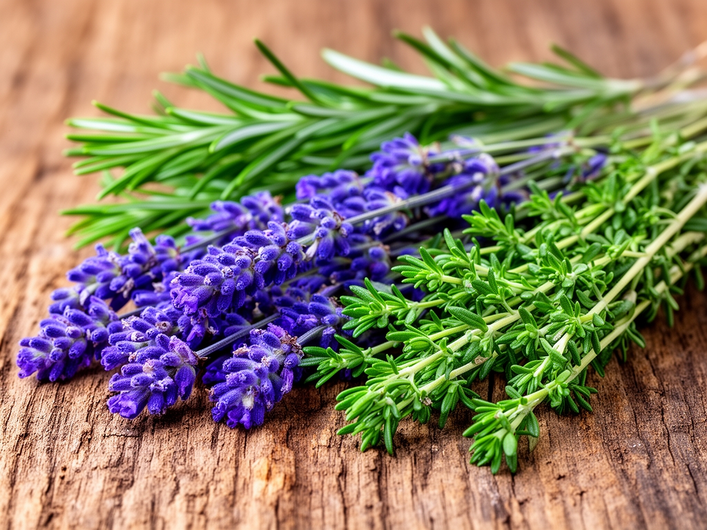 Gros plan de fines herbes fraîches variées incluant du romarin, de la lavande et du thym disposées artistiquement sur une surface en bois naturel texturé