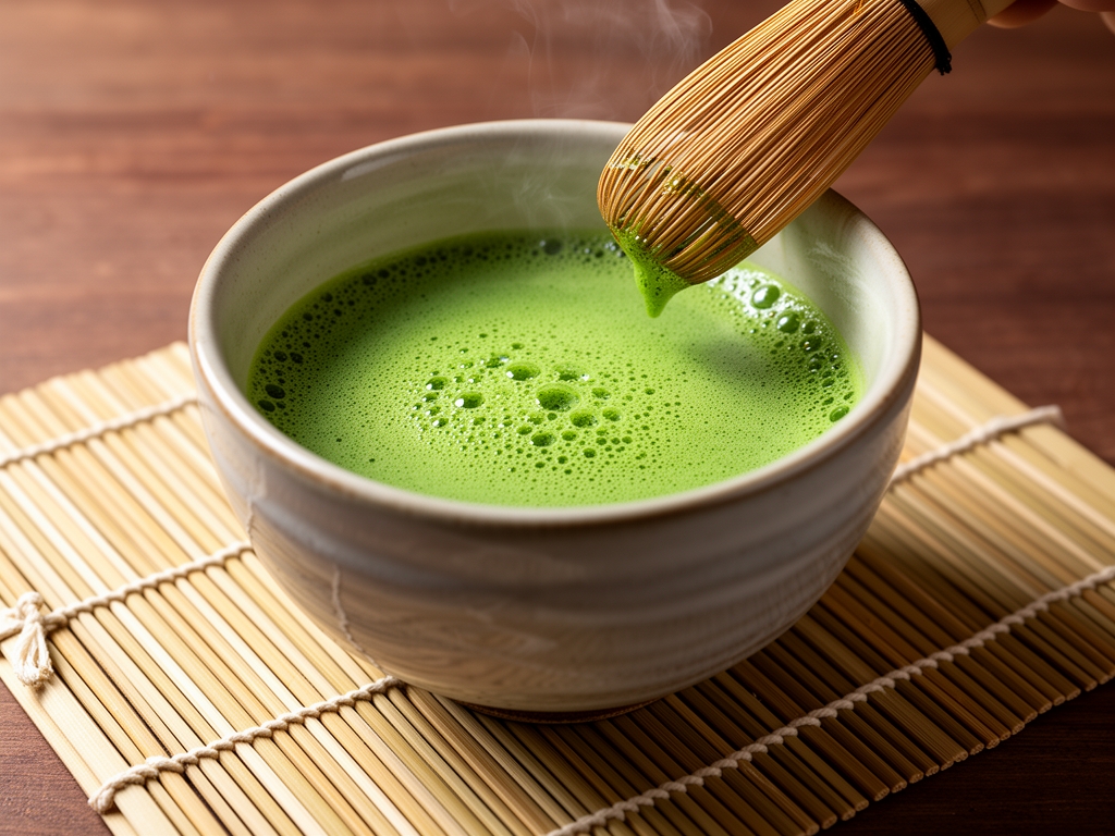 Cérémonie du thé vert japonaise avec un bol de matcha mousseux préparé à la main sur un napperon en bambou, symbolisant les traditions de bien-être asiatiques et leurs pratiques méditatives