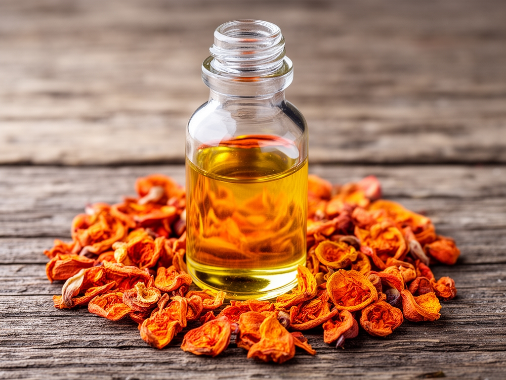 Graines de rose musquée orangées séchées et huile dorée dans un flacon en verre transparent sur fond de bois ancien, illustrant les ingrédients botaniques naturels utilisés en soin de la peau