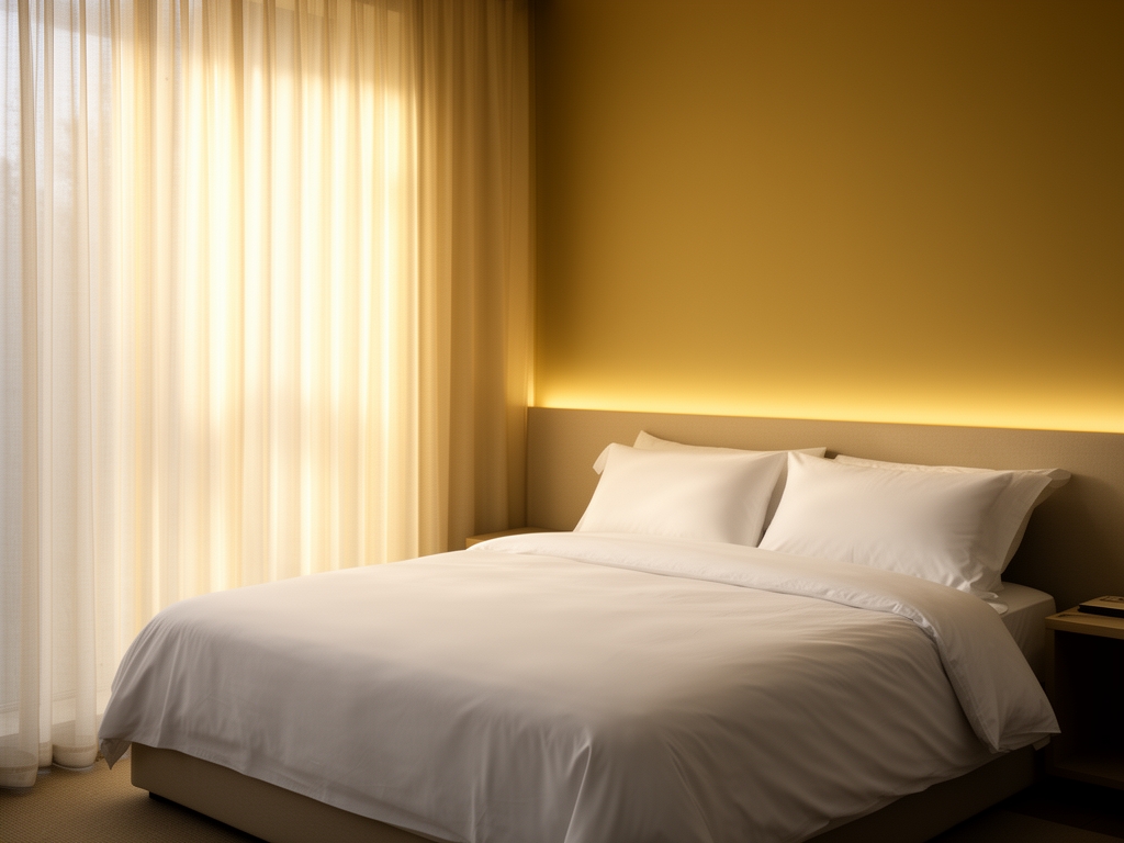 Chambre à coucher minimaliste avec une literie blanche propre, une lumière tamisée dorée et des rideaux légers laissant filtrer une lueur douce créant une atmosphère sereine propice au repos