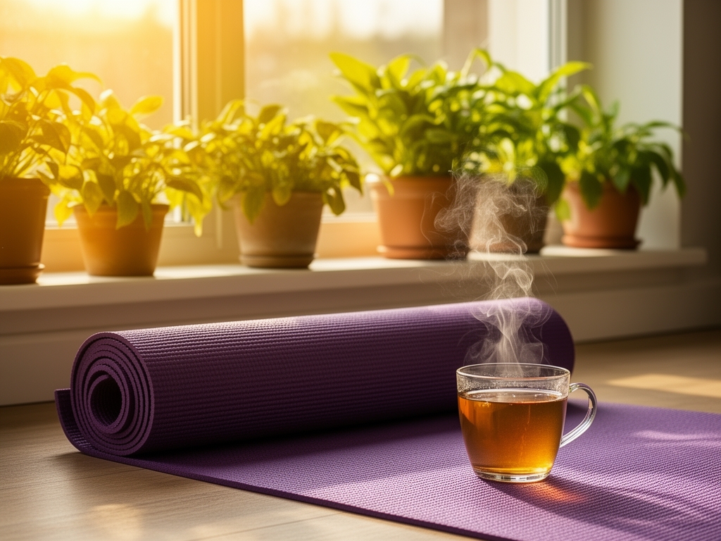 Espace de bien-être matinal lumineux avec un tapis de yoga roulé, une tasse de thé fumante et des plantes vertes sur un rebord de fenêtre baigné de lumière naturelle dorée du matin